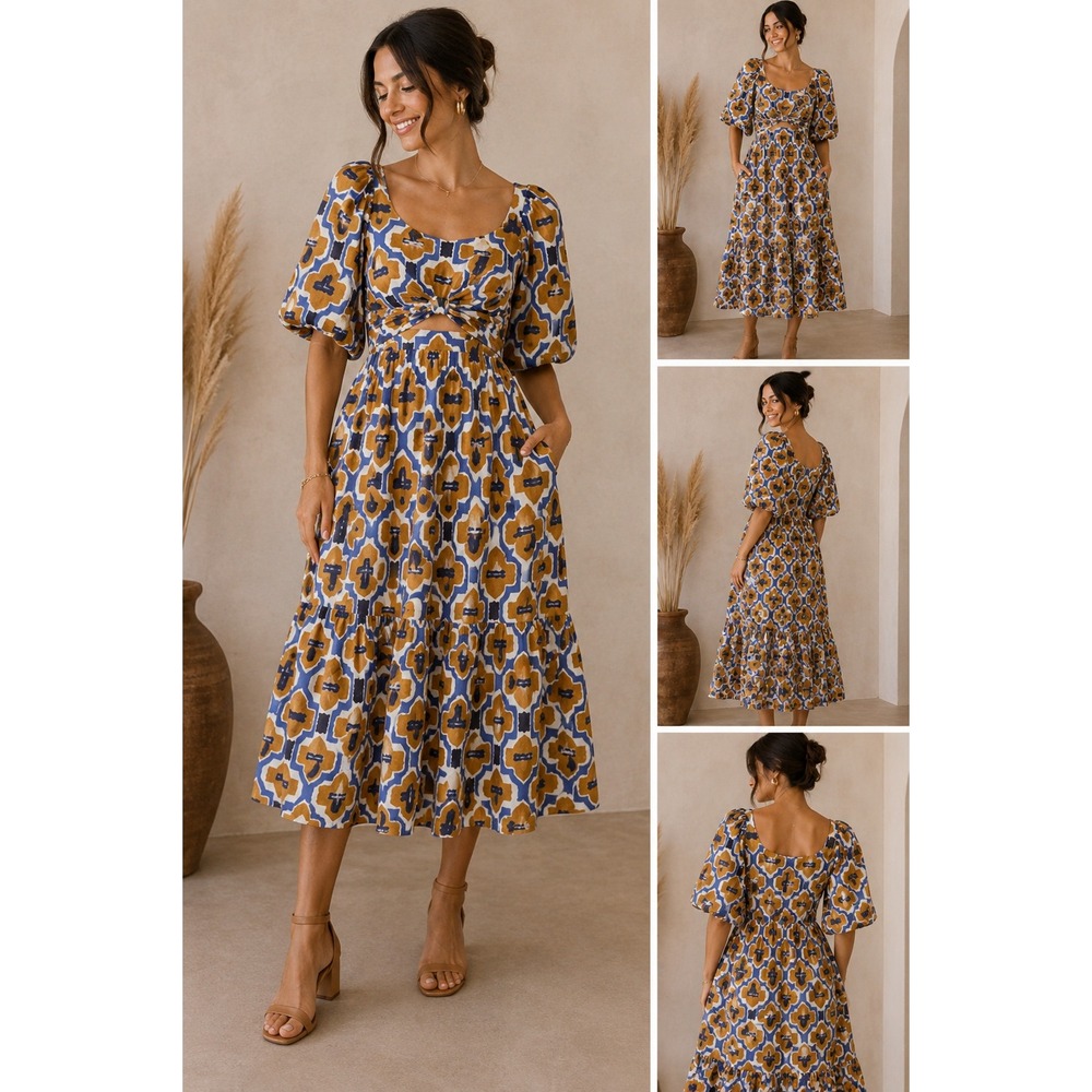 Anthropologie Mustard Blue Floral Midi Dress